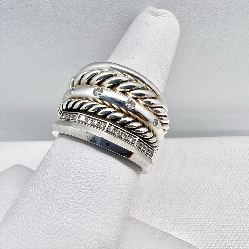 David Yurman Sterling Silver Pave Diamond Stax Six Row Band Ring - Picture 3 of 11